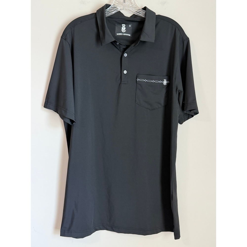 Raised By Coyotes Polo Shirt Mens Large Black Barbed Wire Pocket Performance RBC